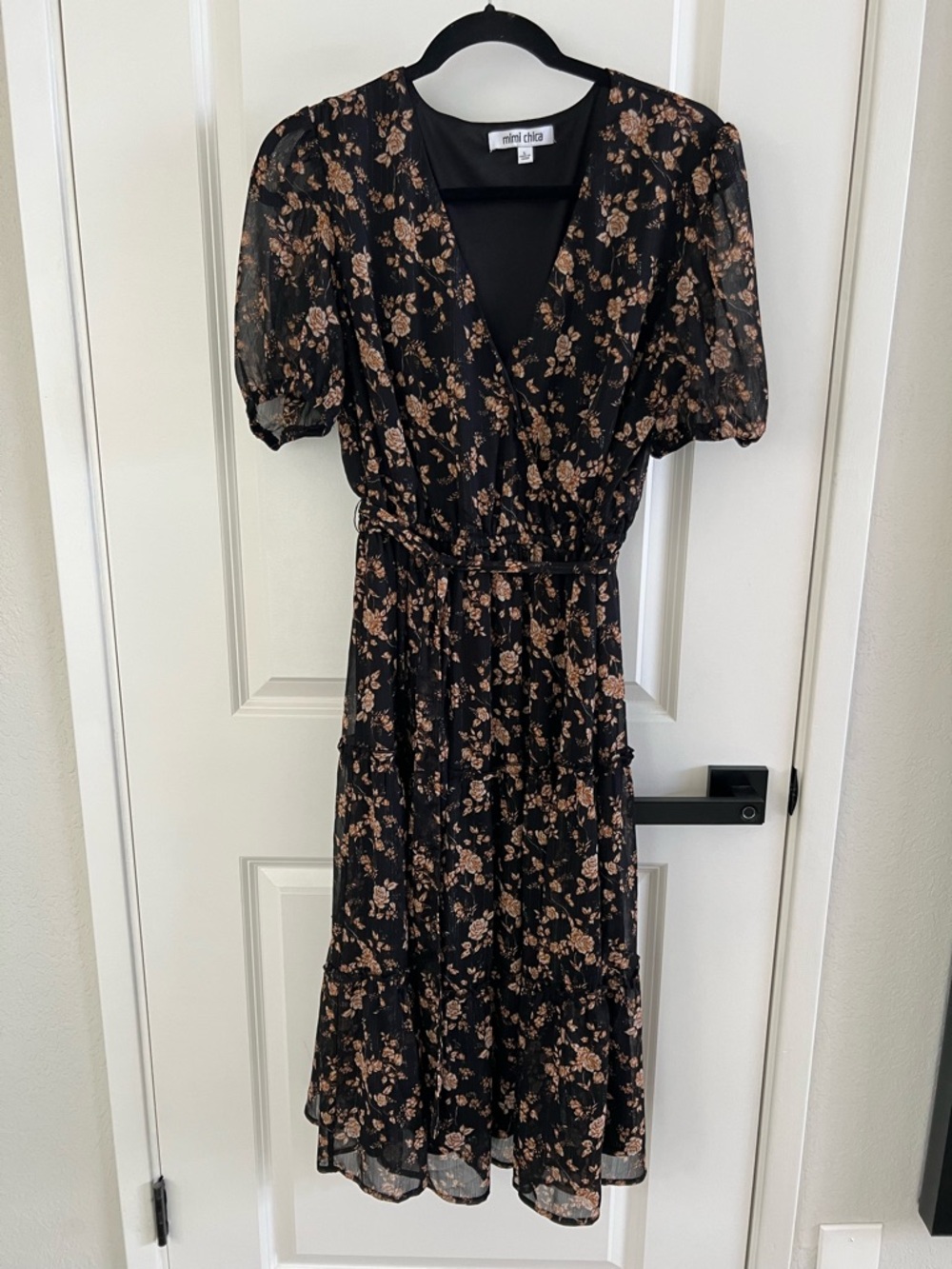 Mimi Chica Black Midi Dress with Tan Floral Print